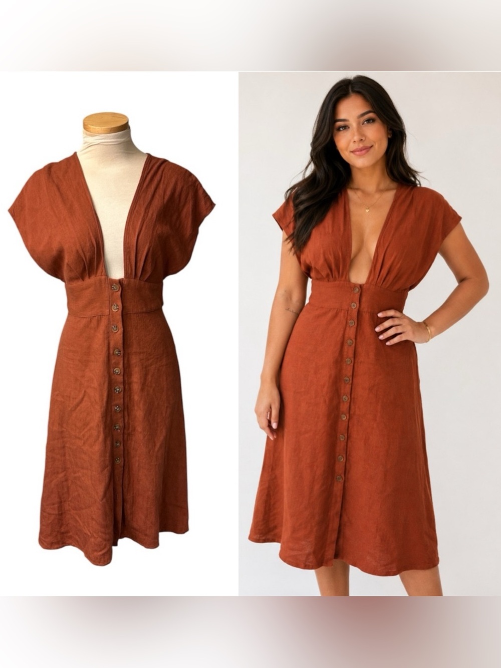 Charlie Holiday Rust Button Down Plunge Neckline  Midi Dress Linen  Size 2